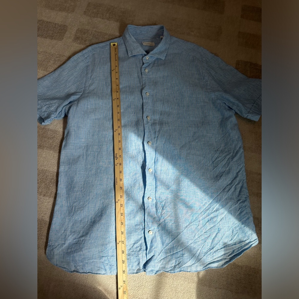 Borriello Napoli Men’s Linen Striped Button Down Short Sleeve Shirt Blue (XXL) - Picture 8 of 9